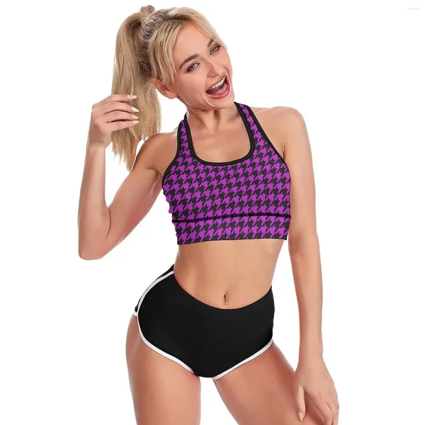 Completo da yoga Pied de poule a quadri Reggiseno sportivo con scollo a U Reggiseni corti imbottiti con retro imbottito viola e nero Top da raccolta attivo per ragazze