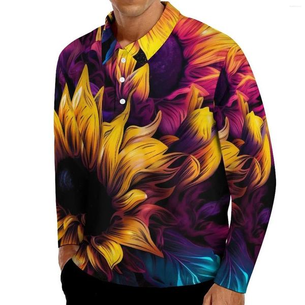 Herren-Poloshirts, Aquarell-Sonnenblume, lässige T-Shirts, Herren, bunte Blumen, langärmelig, Poloshirt-Kragen, trendige Herbstgrafik, große Größe