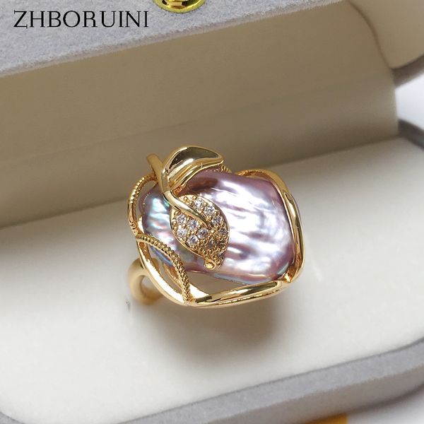 Solitaire Ring Zhboruini barroco pérola 100 real água doce natural 18k Placamento de ouro jóias de joias de joias 230407
