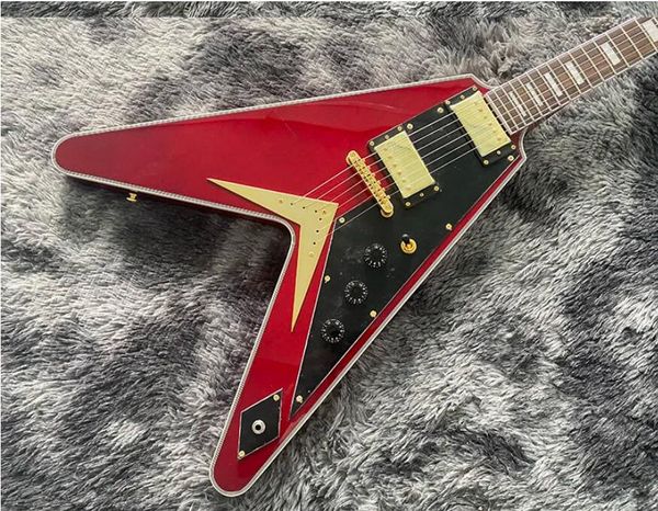 Chitarra elettrica cinese Forma a V di colore rosso trasparente Le vendite dirette in fabbrica possono essere personalizzate Spedizione gratuita