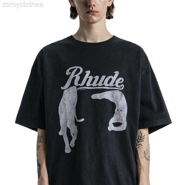 Camisetas masculinas Rhude New Spring e Summer Retro Night Cat Imprimindo High Street Algodão de alta qualidade T-shirt Black S-XL