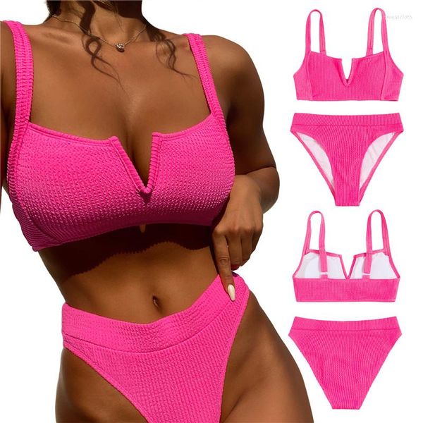 Damen Bademode Damen Zweiteiler Bikini Set 2023 Solide Rose Rot Split V-Ausschnitt Verstellbarer Sling BH Hohe Taille Bauch Tanga Weiblicher Badeanzug