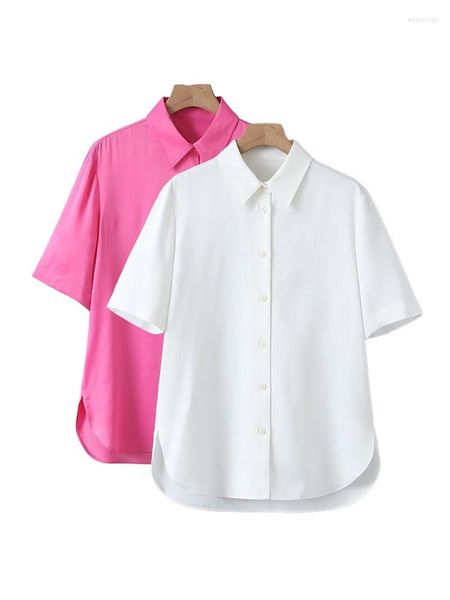 Blusas femininas de verão feminino feminino casual blusa branca de manga curta single breveld hem baixa cetim de camisa solta camisa vintage top feminina