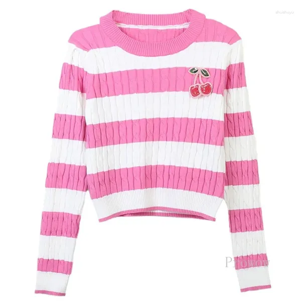 Suéteres femininos contrastantes listra pulôver sweter rosa outono/inverno 2023 malha tops manga longa em torno do pescoço cereja apliques camisola feminina