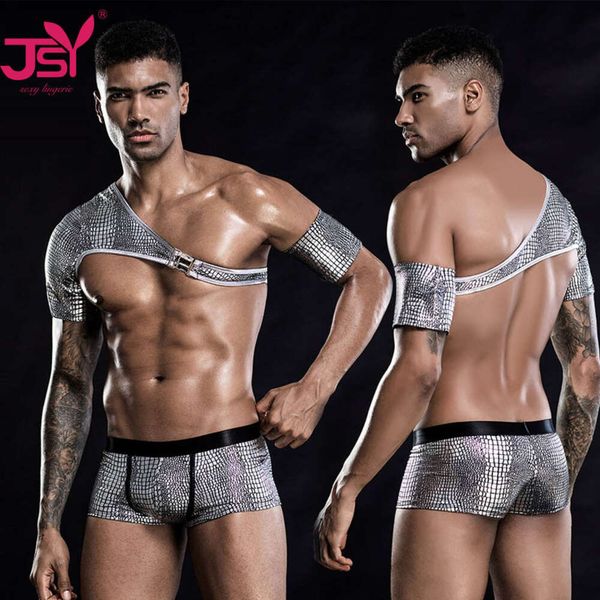 JSY Set di Lingerie Uomo Gilet Imbracatura Pezzi Costumi Body in Lattice in Pelle Erotica Completi Sexy per Giochi di Ruolo Intimo