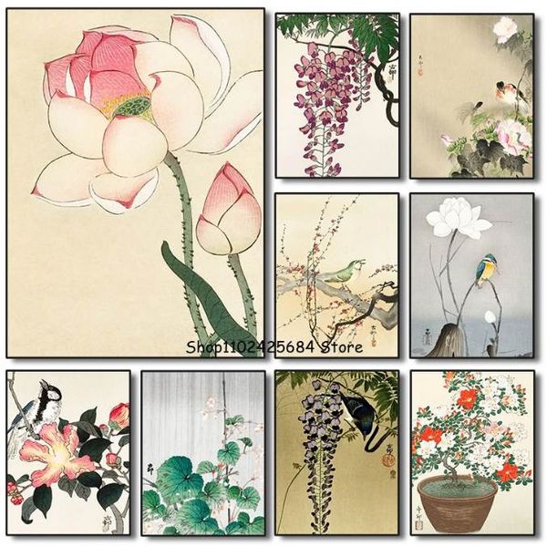 Vintage Chinese Tradicional Pintura de tinta Arte Poster Flor Art Lotus Wisteria Printing Painting Wall Art Decoration