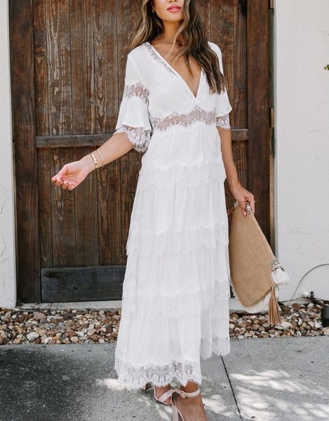 Повседневные платья счастливы Queens Fashion Women's Half-Half-рукав Bohemian Long Dress Женское глубокое кружевное кружевное платье Bohemian 230407