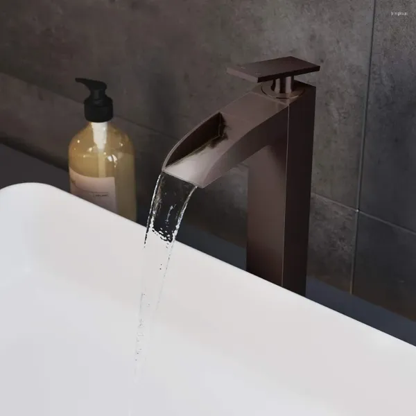 Banyo Lavabo Muslukları Tek Delik Tek Köplü Yüksek Arc Şelale Musluğu Yağ Ovulmuş Bronz