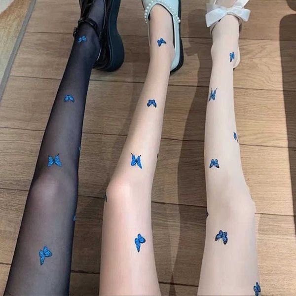 5 PC Socks Sexy 2023 Azul Borboleta Pantyhose Sedking Women meias de meias escavadas escavadas meias de malha de renda com fundo meias longas z0407