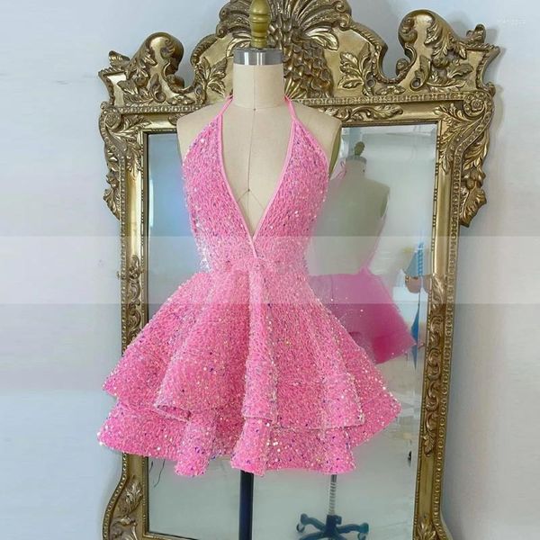 Abiti da festa Sexy Pink Black Sequisn Short Prom 2023 Mini abito da laurea per ragazza africana senza schienale con scollo all'americana