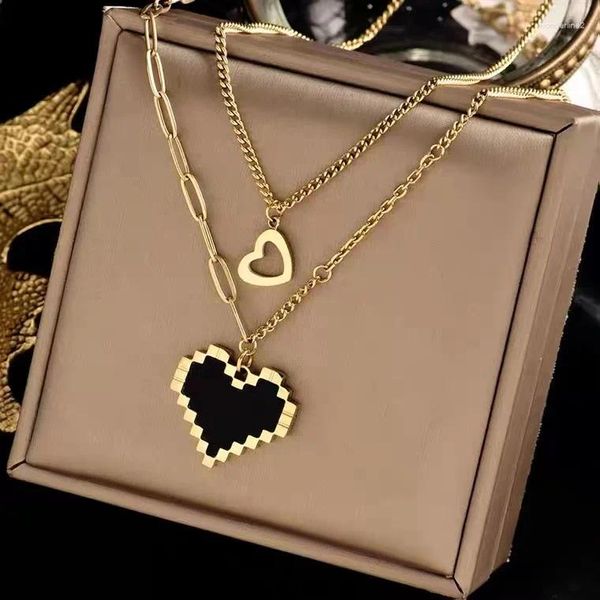 Ketten 316L Edelstahl Minimalistischer ausgehöhlter schwarzer Liebesanhänger mit mehreren Schichten Mosaik-Herz-Halskette