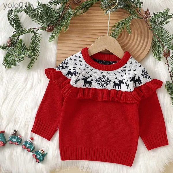 Damenpullover Babypullover Weihnachten Hirsch Junge Mädchen Rüschen Strickpullover Warme Pullover Kinderkleidung Herbst Winter Kinder WeihnachtskleidungL231107