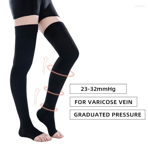 Spor çorapları bir çift uyluk yüksek sıkıştırma elastik kaymaz açık ayak parmağı lenfödem anti-varikozlu damarlar hızlı iyileşme 23-32 mmhg
