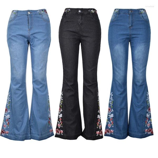 Женские джинсы XS-4XL с вышивкой, расклешенные женские брюки на весну и осень с цветочным принтом, узкие потертые джинсовые брюки, женские повседневные брюки