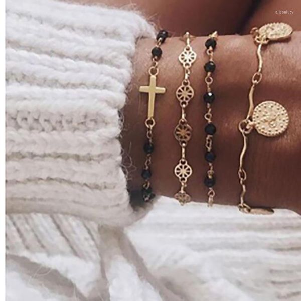 Charm Bracelets 2023 Trendy Gold Color Cross Round-piece Chain 4PCS Armband für Frauen Valentinstag Geschenk Schmuck Bulk Sell S5746