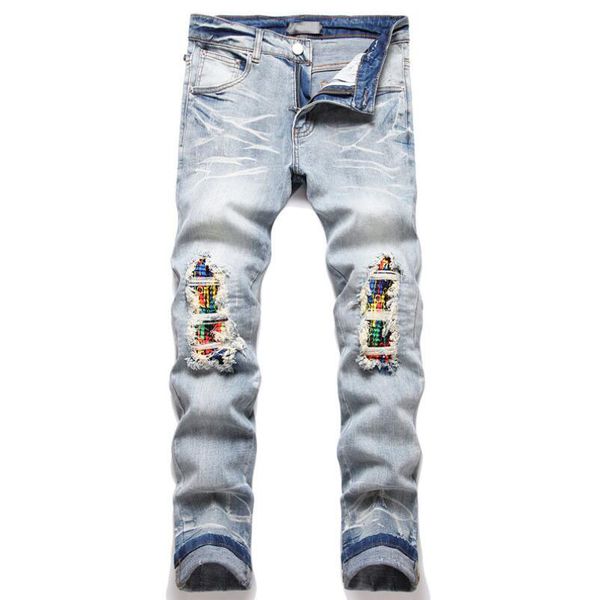 Novos jeans masculinos onda arco-íris graffiti alta elasticidade 3d bordado interno zíper tendência dobra branqueada calças de ajuste fino