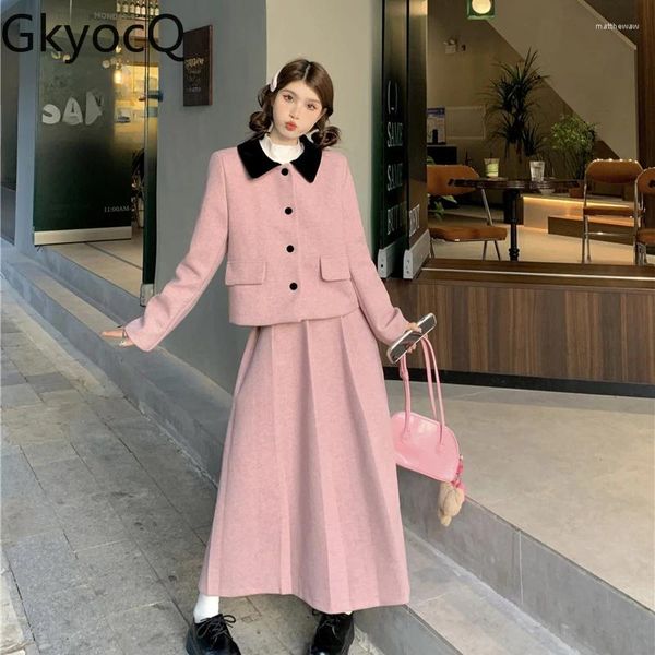 Рабочие платья GkyocQ с отложным воротником, модные свободные пуговицы, милая куртка с высокой талией, корейская шикарная элегантная юбка, женская одежда