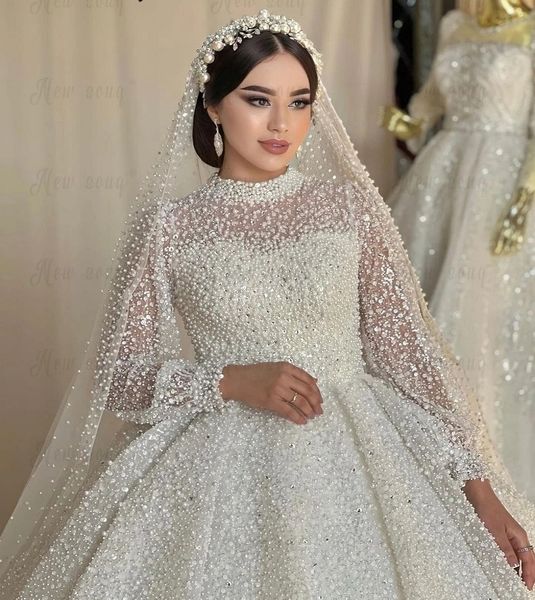 Lusso 2024 Abito da sposa con paillettes Dolcevita musulmano Perline piene di perline Abiti da sposa Custom Made Plus Size Vestido De Casamento Dubai