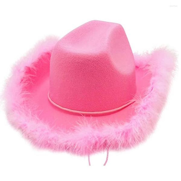 Boinas chapéus de vaqueira iluminam rosa Tiara Western Style for Women Girl Rolled Fedora Caps Feather Edge Beach Cowboy Hat Party E6A1