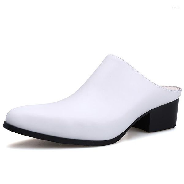 Elbise ayakkabıları erkek yarım terlik 5 cm yüksek topuklu siyah mavi beyaz yaz ofis sandaletleri gerçek deri sivri uçlu 2023 moda slaytlar