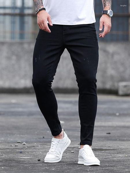 Erkekler Kot 2023 İlkbahar Yaz Erkek Yüksek Moda Siyah Sıska Ayak Bileği Uygun Yırtık Erkekler Şık Tasarımcı Denim Pantolon
