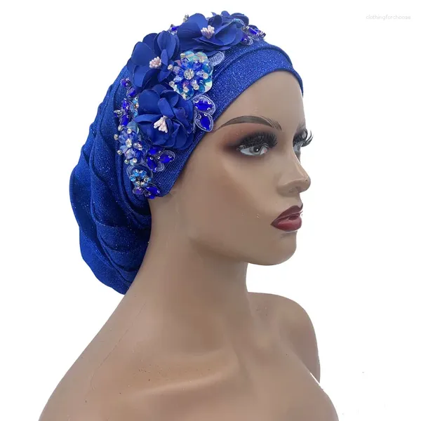 Abbigliamento etnico 2023 Copricapo da donna Nigeria Copricapo Lady Cappello da festa Berretto turbante a pieghe lucido con bouquet di diamanti Copricapo africano