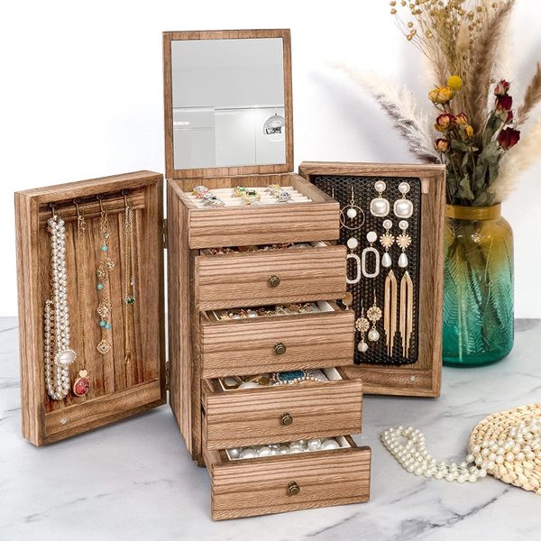 Engastes de joyería Caja organizadora grande de 5 capas Espejo 4 cajones para anillos Pendientes Collares Estilo vintage Madera quemada Wowen 230407