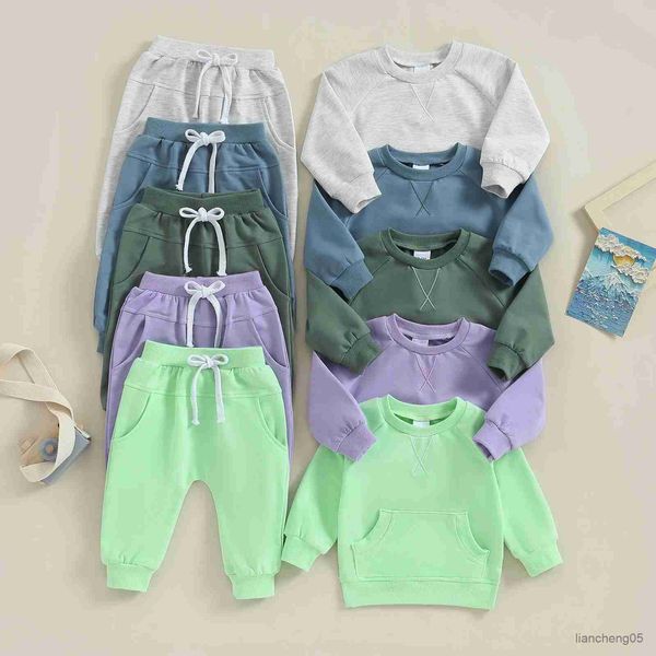 Set di abbigliamento Autunno Nuovo Set di vestiti per neonati Completi per bambini per bambini Solido Manica lunga Girocollo Felpa Pantaloni sportivi Abbigliamento per bambini per Ragazze Ragazzi R231107