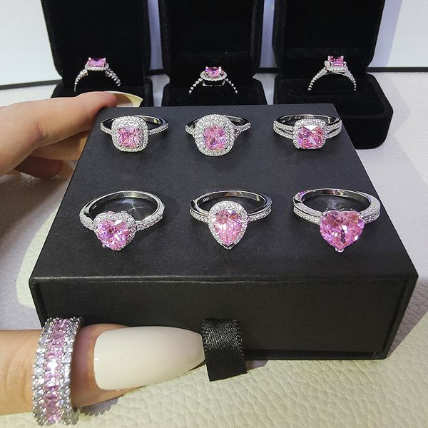 14 Styles Lady Pink Zircon Ring White Gold Filled Engagement Wedding Band Ringe für Frauen Brautgeburtstagsfeier Schmuck Geschenk