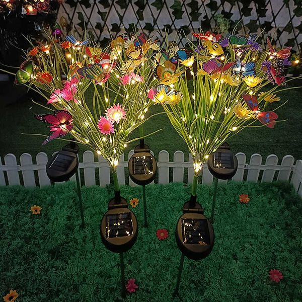 Lâmpadas de gramado Luzes de jardim solar Flor selvagem Crisântemo Estaca Lâmpada Lâmpada de jardim à prova d'água Lâmpadas de borboleta Arte do quintal para decoração em casa P230406