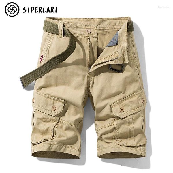 Shorts masculinos elegantes com cordão de algodão, calças táticas de carga de verão com bolsos, roupas casuais masculinas - cinto não incluído