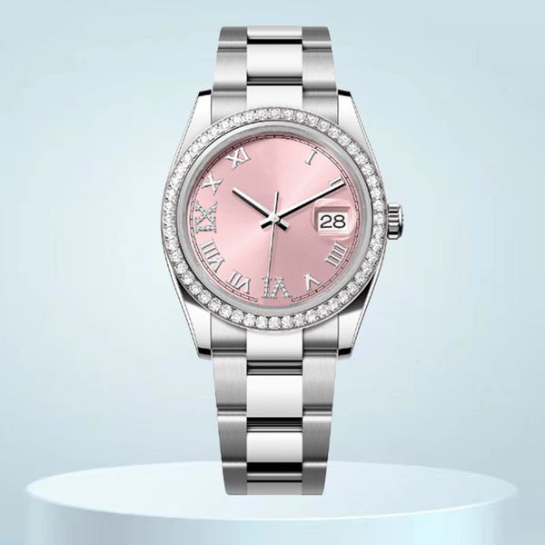 Diamond Watch Luxury Mens Watch Relojes 8215 Hareket Tarihi 36mm 41mm Elmas Çerçeve Pembe Roman Sayısal Kadran Paslanmaz Çelik Kadın Lady Moda Saatleri Kutu