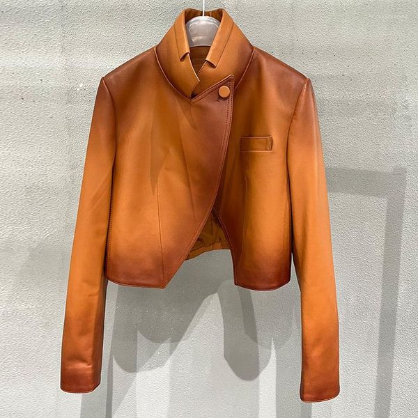 Jackets femininos 23 Spring Vintage Sheepskin Short Jacket Runway High-De Lueine Leather Motorcycle Biker Outerwear Women Plus Size Moda