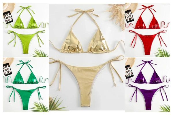 Kadın Mayo Metalik Dantel Up Bandage Bikini Set İki Parçalı Yaz Plajı Kadın Tatilleri Mayo Banyo Bayanlar