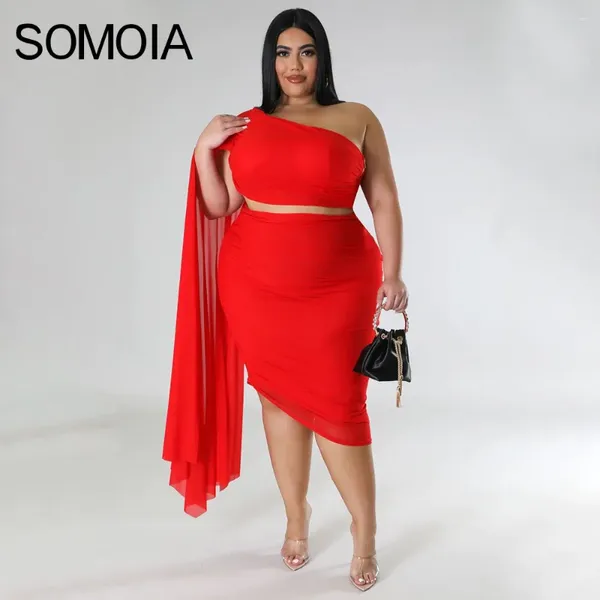 Arbeitskleider SOMOIA Plus Size Damen-Kleid-Sets, mehrfarbig, Großhandel, schräge Schulter, 2-teiliges Set, CropTop, halber Rock, figurbetonte Anzüge