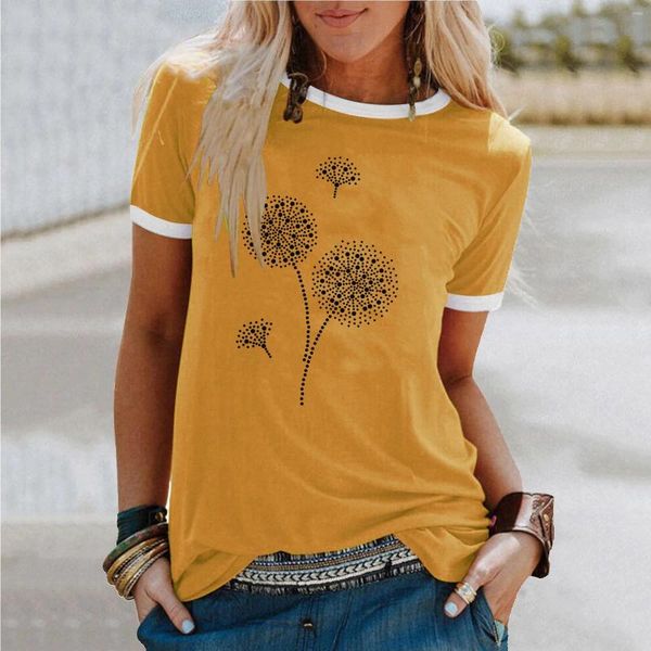 Mulheres camisetas Mulheres Tartaruga Pescoço Manga Longa Verão Casual O Dandelion Imprimir Camisa Curta Tops Preto Equipado