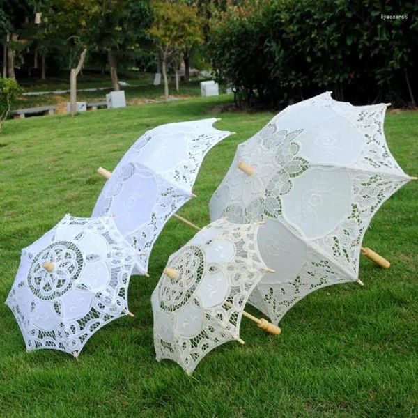 Ombrelli fatti a mano vintage avorio bianco manico in legno Battenburg pizzo ombrello parasole in bambù per signora F20233408