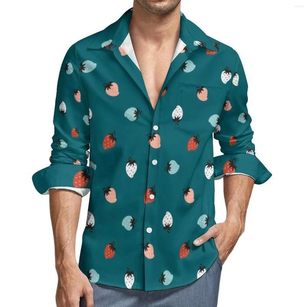 Männer Casual Hemden Erdbeere Bunte Hemd Frühling Obst Mann Vintage Blusen Langarm Print Streetwear Kleidung Plus Größe 4XL