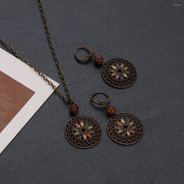 Orecchini pendenti Boho Set cerchio geometrico per regalo di nozze di gioielli con ciondolo fiore goccia di olio retrò colorato zingaro da donna