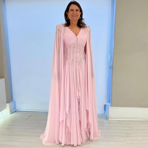 Stylish Perlen Mutter der Braut Kleider Eine Linie Hochzeitsgastkleid appliziert V Ausschnitt bodenlange Chiffon Falten Abendkleider 415