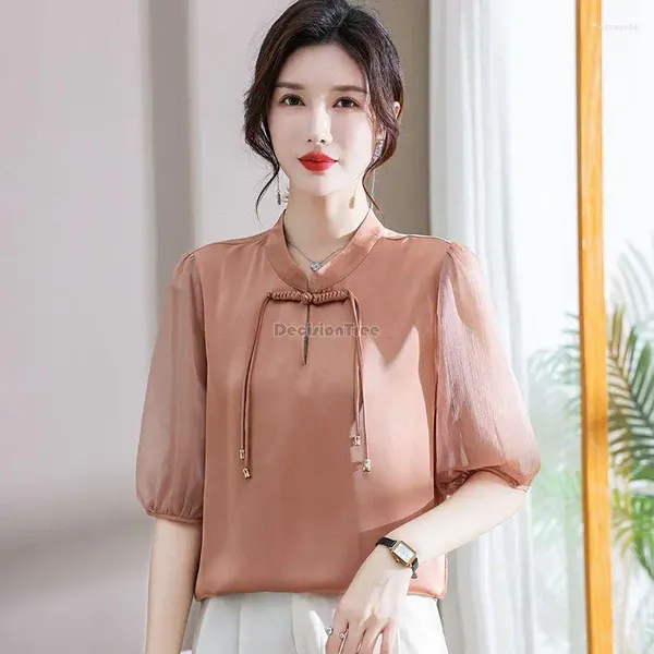 Ethnische Kleidung 2023 Sommer Chinesischen Stil Frauen Tang-anzug Hemd Halbe Hülse Stehkragen Lose Beiläufige Elegante Basis T-shirt S350