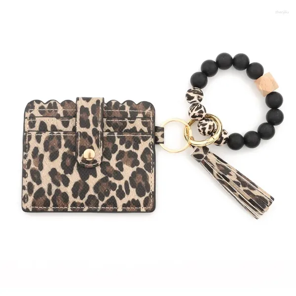 Portachiavi Perline di legno Braccialetti Carte in pelle di leopardo Portafogli per polsi da donna Portachiavi Accessori