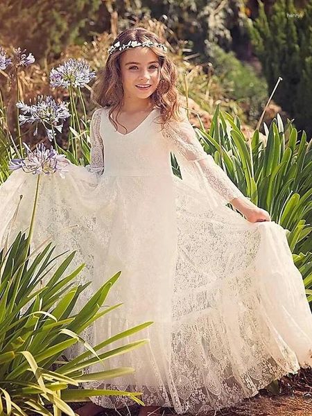 Mädchenkleider Boho Langarm Spitze Strand Bodenlang Weiß Kinder Partykleid