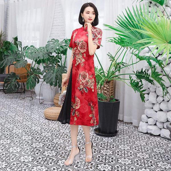 Ethnische Kleidung FZSLCYIYI Rotes Vintage chinesisches Ao Dai-Drucken Rayon Cheongsam-Kleid Frauen traditionelles Qipao Größe M - 4XL