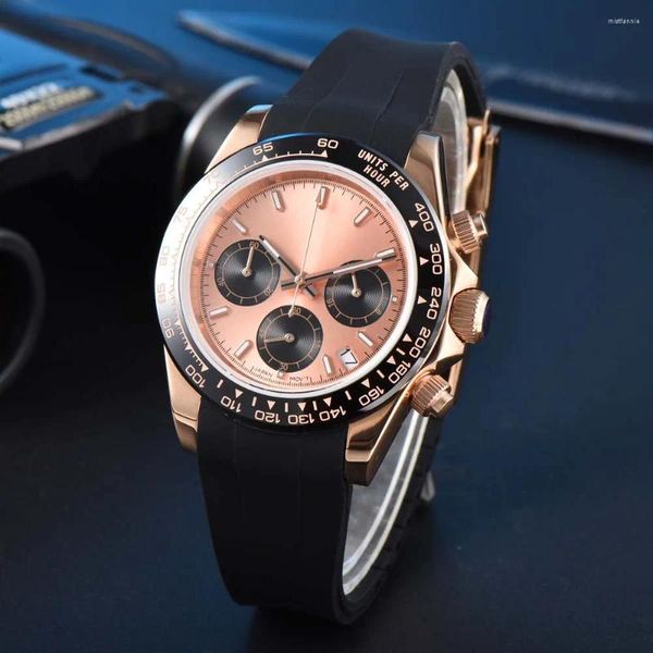 Relógios de pulso relógio de quartzo masculino galvanizado rosa caso de ouro pulseira de borracha esportes cronógrafo de alta qualidade safira cristal vk63 movimento
