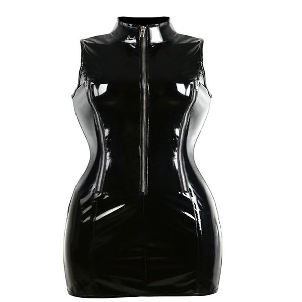 En kaliteli gotik punk yüksek yakalı kolsuz catsuit bodycon kadın siyah pvc mini elbise parlak fermuar yukarı ıslak görünüm vestido nig289w
