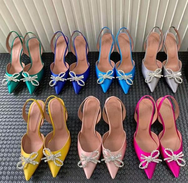 Amina Muaddi-Kleiderschuhe Sandalen Satin Speced Slingbacks Bowtie Pumps Crystal-Sunblower High Heeled Shoe7cm Frauendesigner-Party Hochzeitsschuhe mit Box 8cm