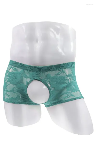 Cuecas gays engraçado roupa interior para homens sexy boxer shorts sissy rosa renda frente e traseira abertura translúcida aro calças juventude calcinha inferior