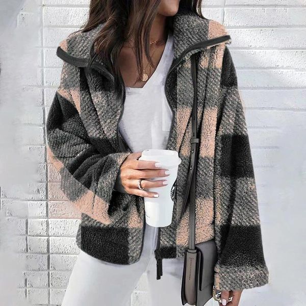 Damenjacken, Damen-Winter-Flanell-warme Mäntel, modische karierte Fleece-Hemden mit Reißverschluss, Damen-Freizeit- und Kapuzenpullover-Kleiderjacke