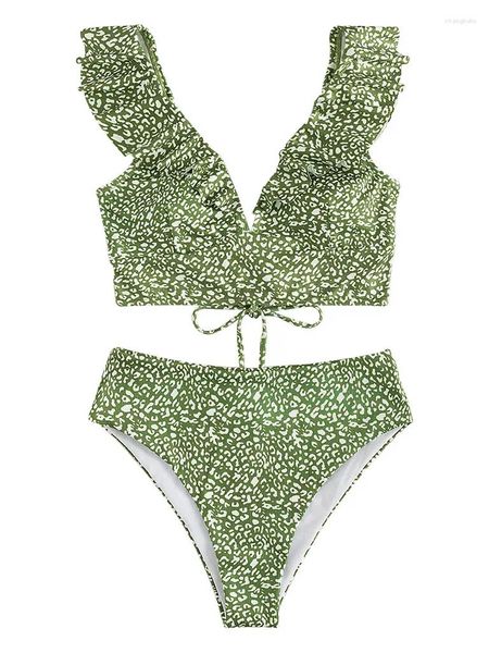 Frauen Bademode Badeanzug 2023 Sommer Leopard Rüschen Trim Bikini Mit Hoher Taille Set Bade Zwei Stück Brasilianische Weibliche Mujer